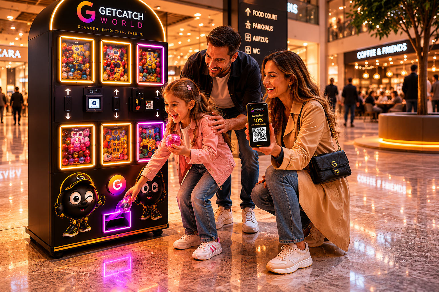 Familie am GETCATCH WORLD Automaten – Kind mit Kapsel, Mutter mit Gutschein-QR